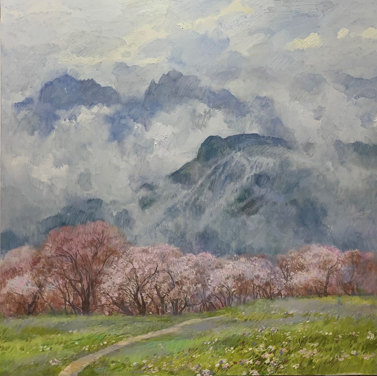 <h2>井冈山春意</h2><p>作者：孙立新</p><p>创作年代：2024年</p><p>规格：160cm×160cm</p><p>品类：布面油画</p>