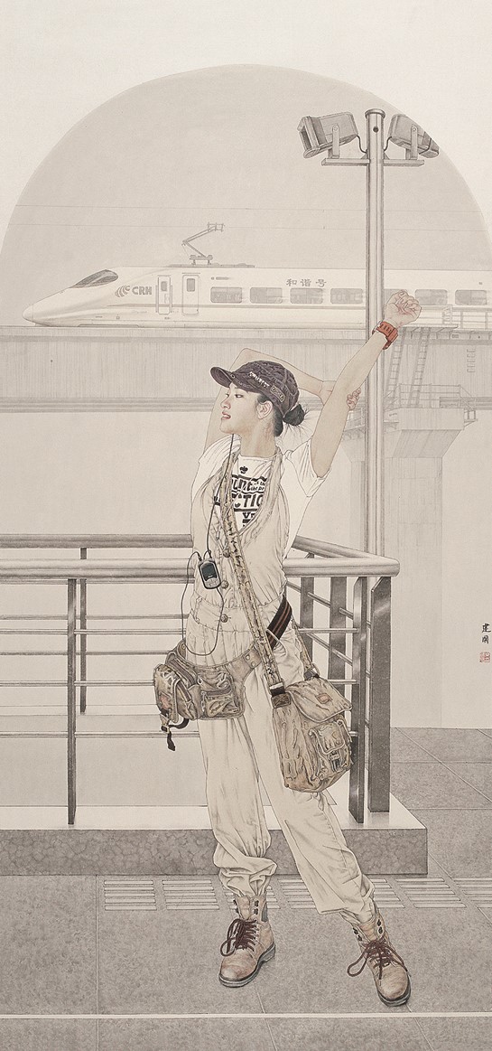 <h2>《动车组》</h2><p>作者：桑建国</p><p>创作年代：2008年</p><p>规格：197cm×99cm</p><p>品类：中国画</p>