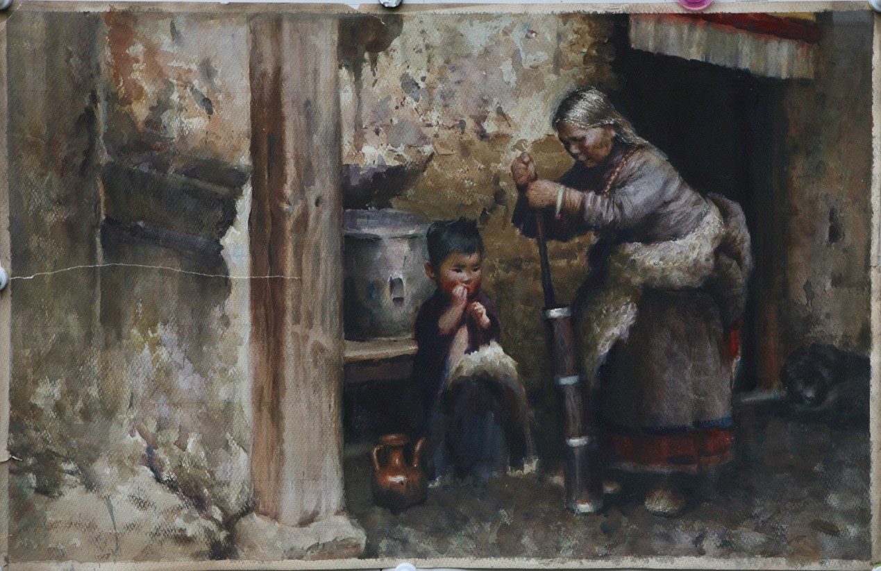 <h2>酥油茶</h2><p>作者：吴正斌</p><p>创作年代：1989年</p><p>规格：89cm×63cm</p><p>品类：水彩</p>