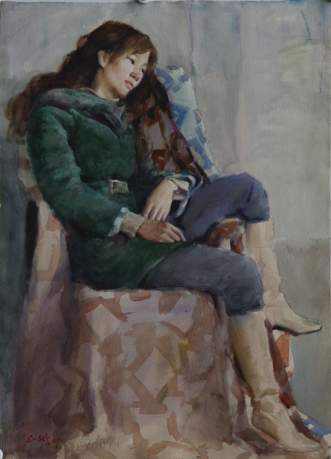 <h2>坐着的少女</h2><p>作者：吴正斌</p><p>创作年代：2007年</p><p>规格：76cm×54cm</p><p>品类：水彩</p>