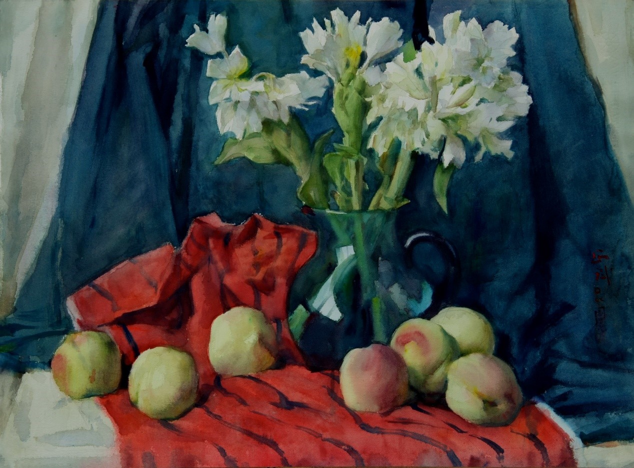<h2>姜花寿桃</h2><p>作者：吴正斌</p><p>创作年代：2008年</p><p>规格：76cm×54cm</p><p>品类：水彩</p>