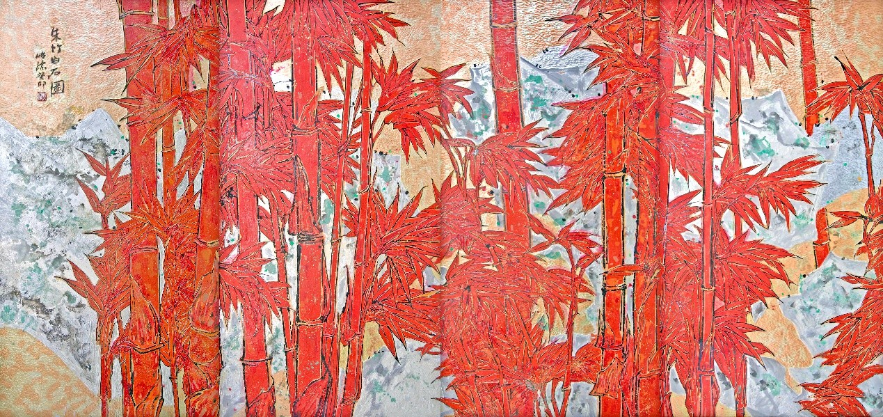 <h2>朱竹白石图</h2><p>作者：郭怡孮</p><p>创作年代：2024年</p><p>规格：240cm×480cm</p><p>品类：综合材料</p>