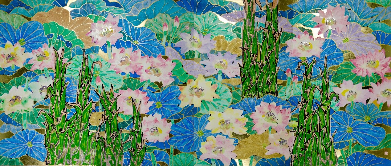 <h2>金色池塘</h2><p>作者：郭怡孮</p><p>创作年代：2025年</p><p>规格：240cm×480cm</p><p>品类：综合材料</p>