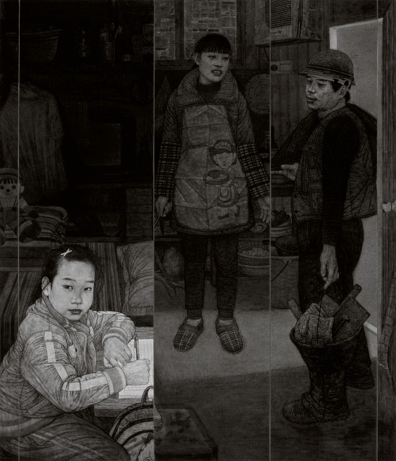 <h2>工棚·家</h2><p>作者：李传真</p><p>创作年代：2014年</p><p>规格：240cm×200cm</p><p>品类：纸本设色</p>